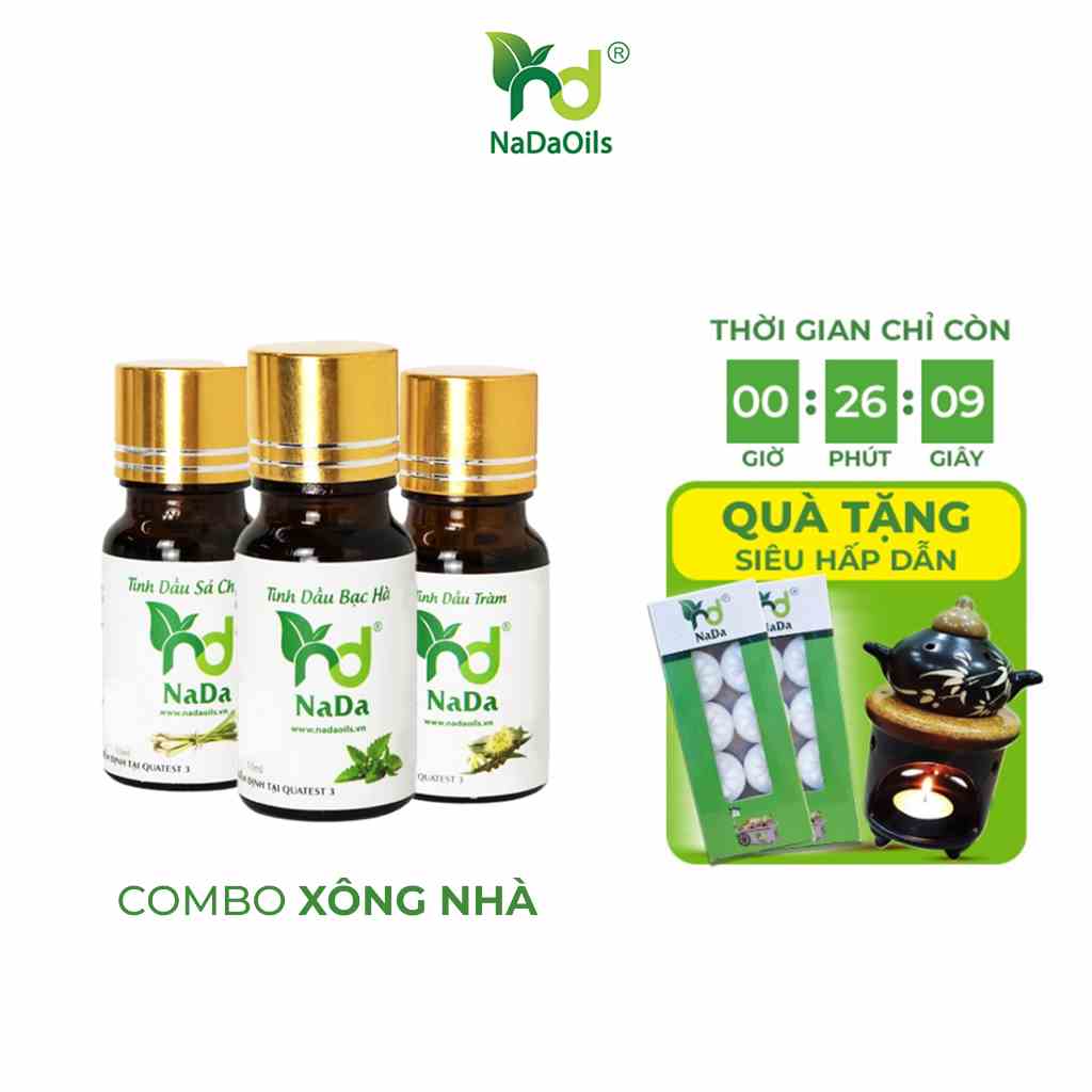 Combo 3 tinh dầu xông nhà NADA OILS yên chất: Sả chanh, Bạc hà, Tràm từ thiên nhiên, xông thơm nhà, chứng nhận Quatest 3