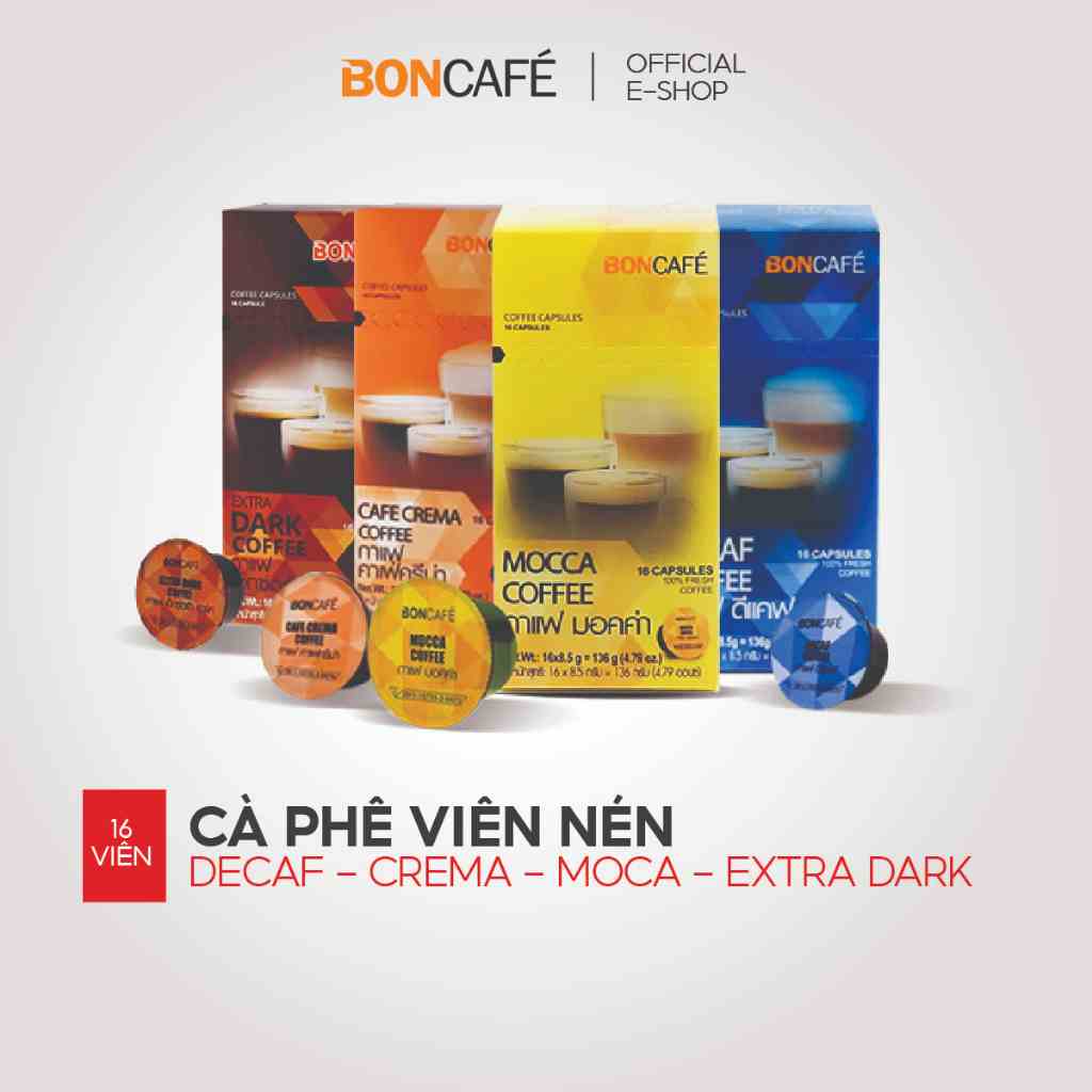 Cà phê viên nén nguyên chất rang đậm Boncafé - Dành cho máy pha cà phê Capristta- Hộp 16 viên - Nhập khẩu Thái Lan