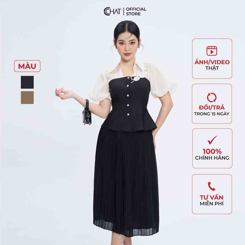 Áo Sơ Mi Nữ 𝐂𝐂𝐇𝐀𝐓 Cổ Kiểu Tay Bom Peplum Chất Liệu Tuytsi Cao Cấp 53FNS8003PT