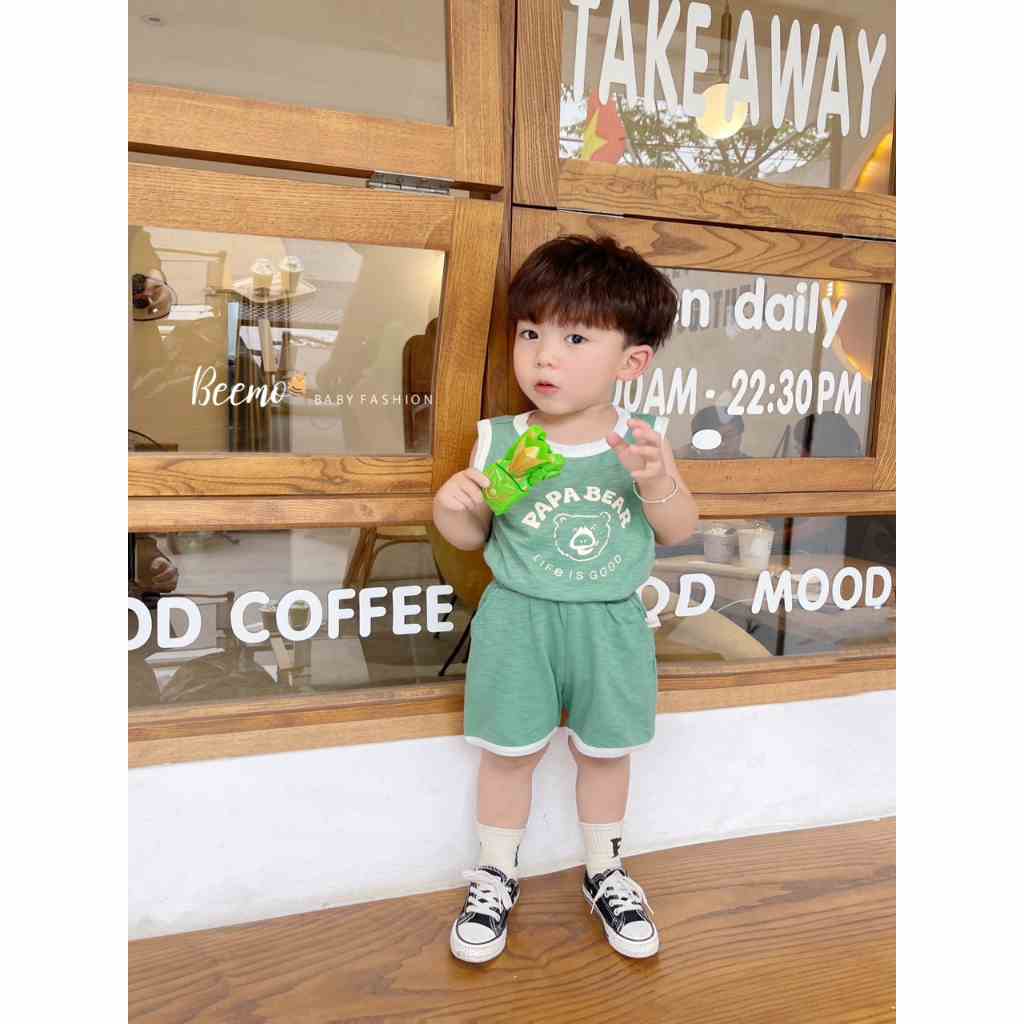 Set bộ cộc tay ba lỗ Beemo cho bé trai PapaBear vải cotton mát mẻ, thấm hút mồ hôi mặc hè cho bé từ 1 - 7 tuổi 23105B