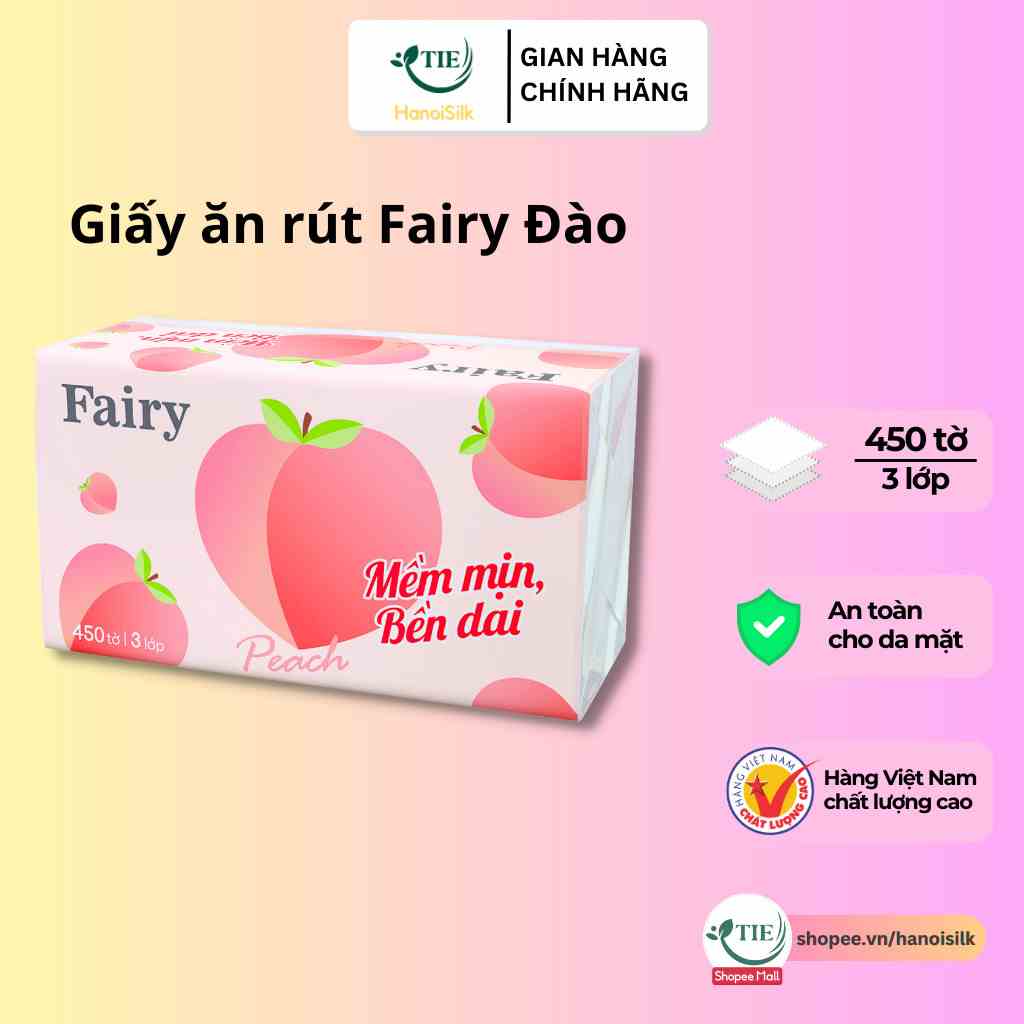 Giấy Ăn Rút Fairy Đào 450 Tờ / 3 Lớp Tiện Dụng, Khăn Giấy khổ to 100% Gỗ Tự Nhiên Mềm Mại Bền Dai An Toàn Cho Bé