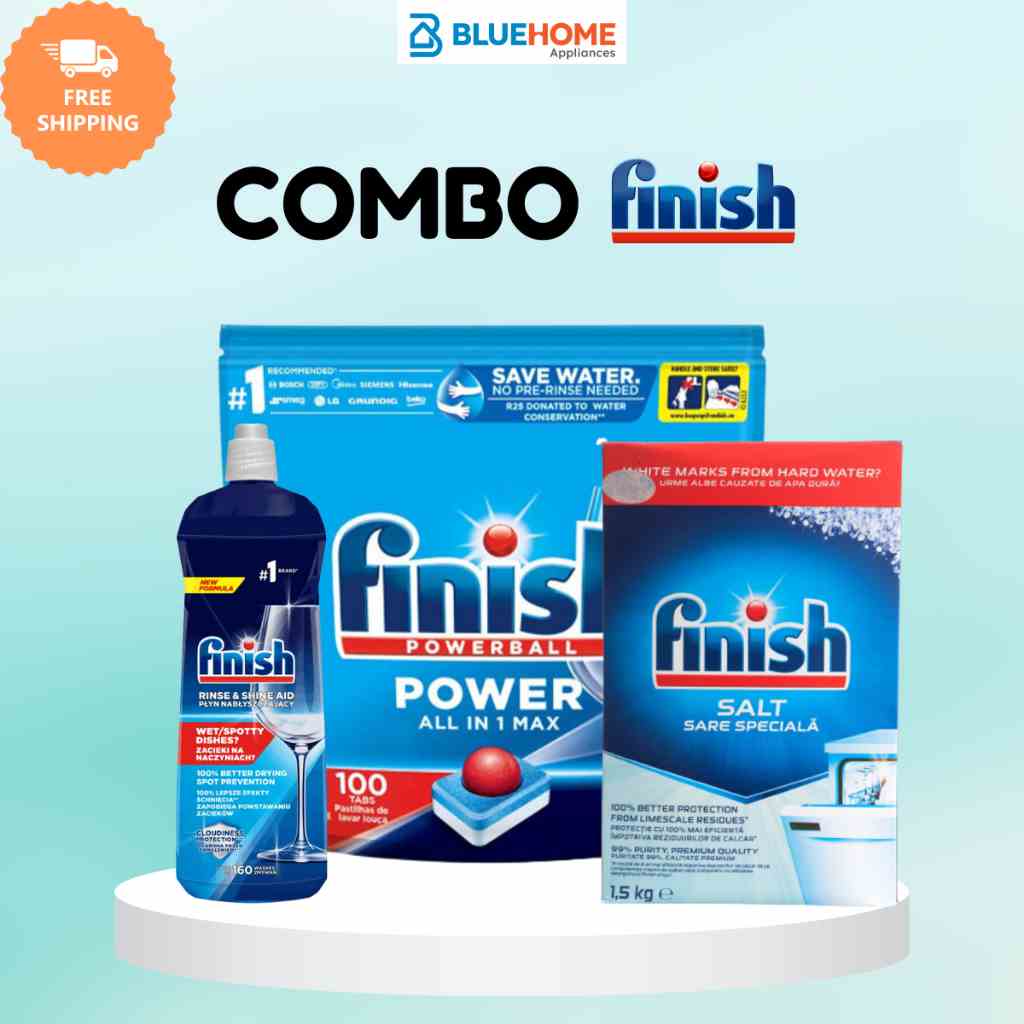 Combo Finish: Viên rửa bát All in 1 Max 100 viên + Muối 1.5kg + Bóng 800ml