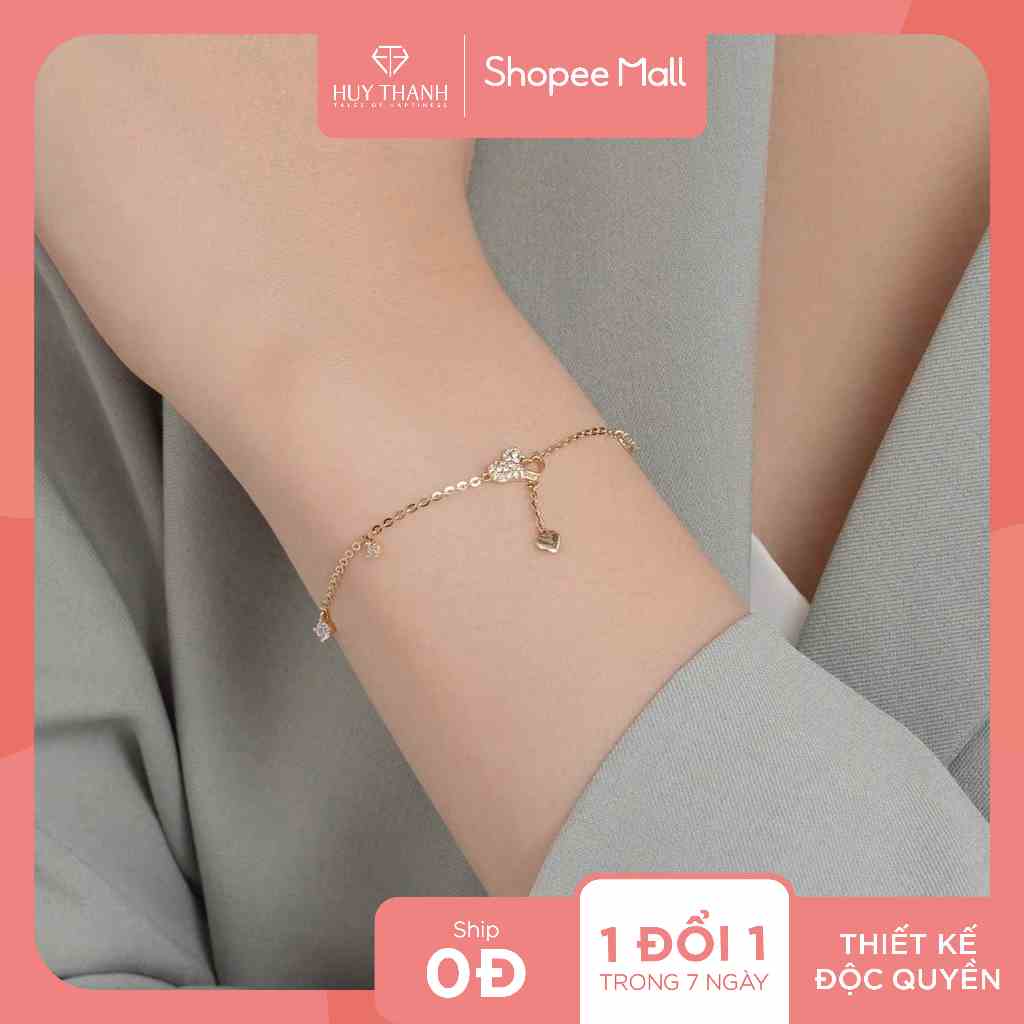 Lắc Tay Vàng Vàng 14K Thiết Kế Họa Tiết Trái Tim Dáng Rơi Đính Đá CZ Cao Cấp Lấp Lánh LLF240 Huy Thanh Jewelry