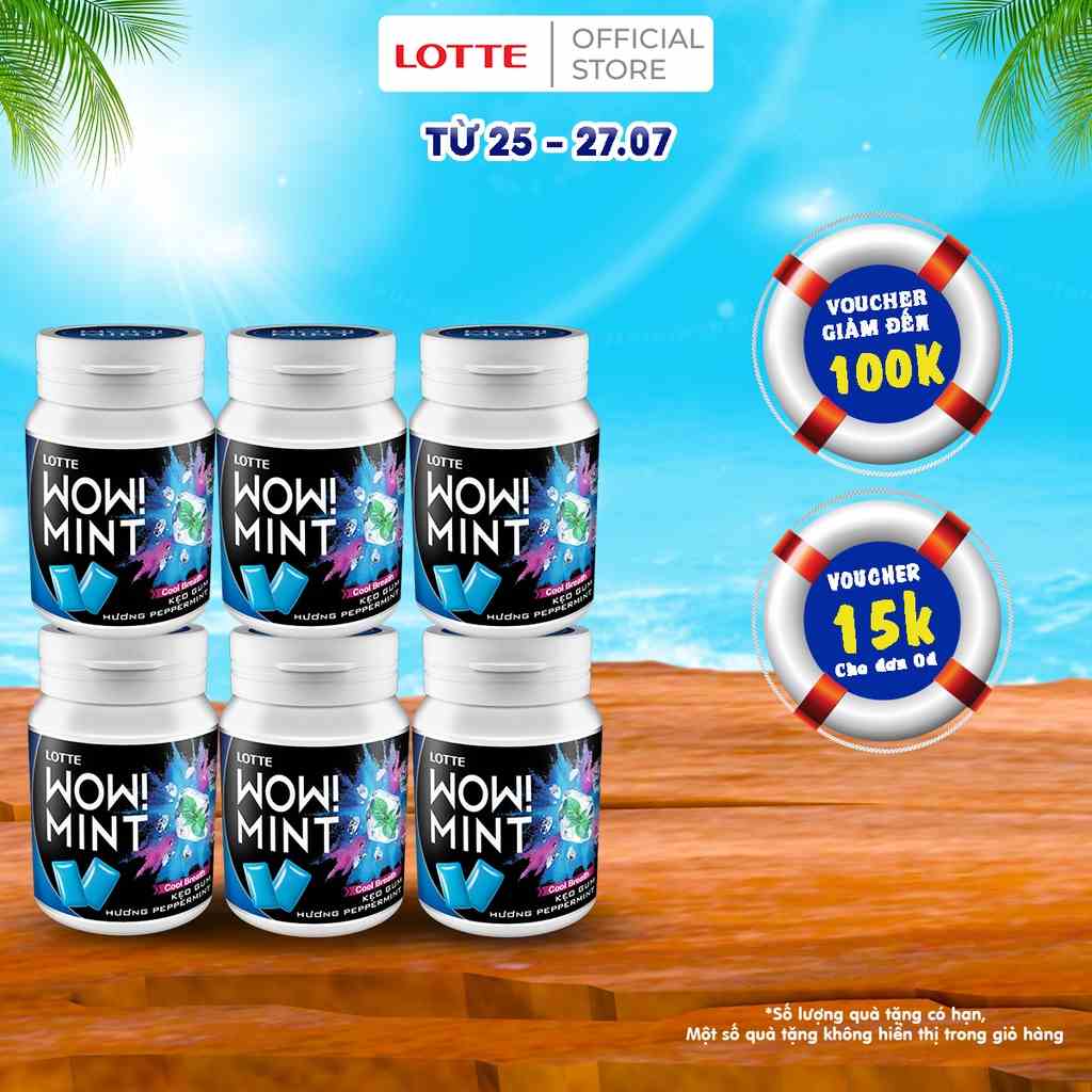 [Mã BMLTB35 giảm đến 35K đơn 99K] Combo 6 hũ Kẹo gum Lotte WOW!MINT hương Peppermint 58 g