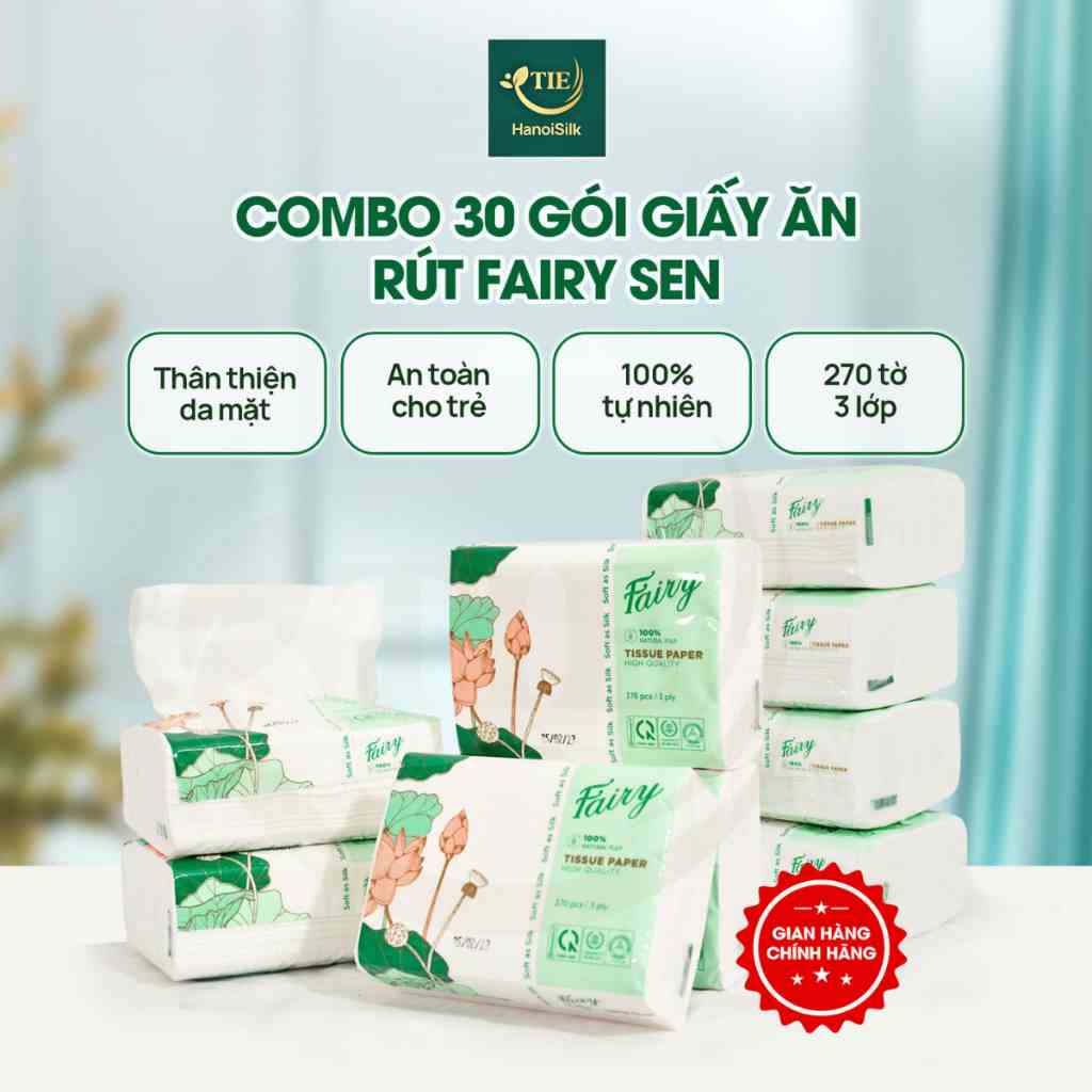 Combo 30 Gói Giấy Ăn Rút Fairy Sen 270 Tờ / 3 Lớp Tiện Dụng Siêu Tiết Kiệm, Khăn Giấy 100% Gỗ Tự Nhiên Mềm Mại Bền Dai