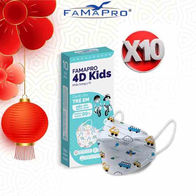 [4D Mask Kids COMBO 10] Khẩu trang y tế cao cấp trẻ em kháng khuẩn 3 lớp Famapro 4D Kids (10 cái/hộp)