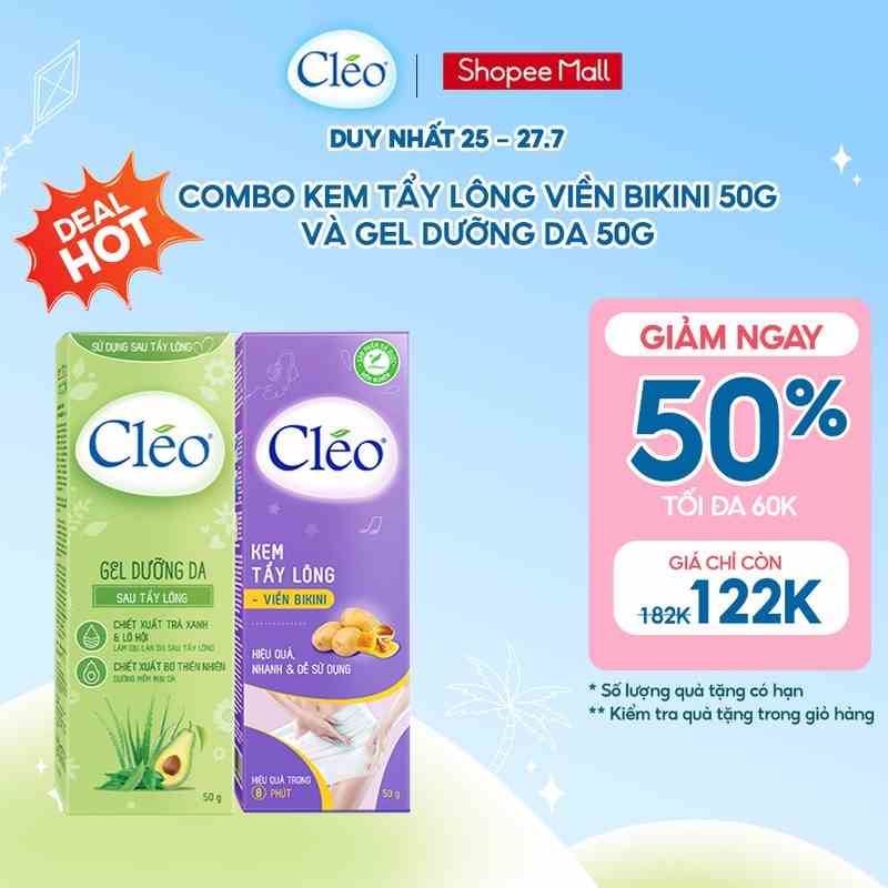 Bộ Kem tẩy lông Bikini và gel dưỡng da sau tẩy lông Cléo, tẩy sạch nhanh, an toàn, hiệu quả, êm dịu 50g/tuýp