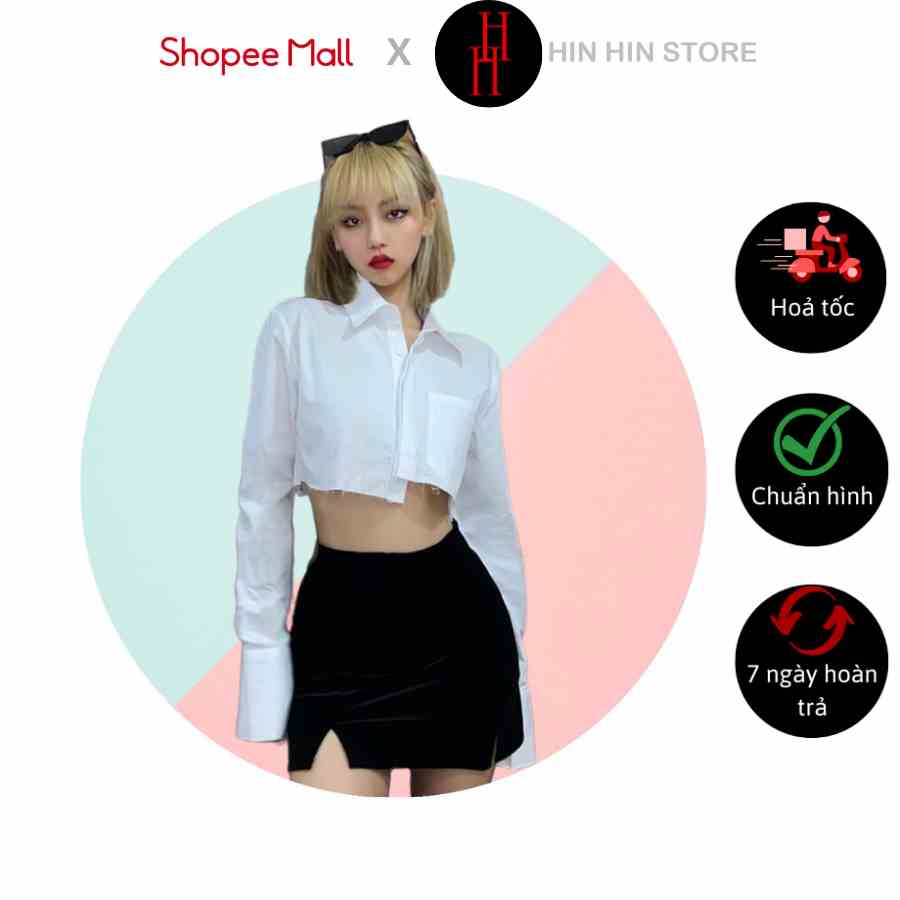 Áo croptop cổ sơ mi rộng tay dài màu trắng HAC137 Hỉn Hỉn Store