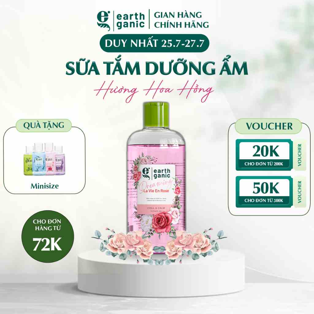 Sữa tắm dưỡng ẩm trắng da Earthganic Hương Hoa Hồng AHA trắng da thơm lâu, thành phần thiên nhiên