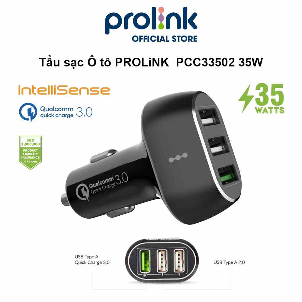 Tẩu sạc Ô tô PROLiNK  PCC33502 35W 3 cổng USB Type A, sạc siêu nhanh QC 3.0, dùng cho iPhone, Samsung, Xiaomi