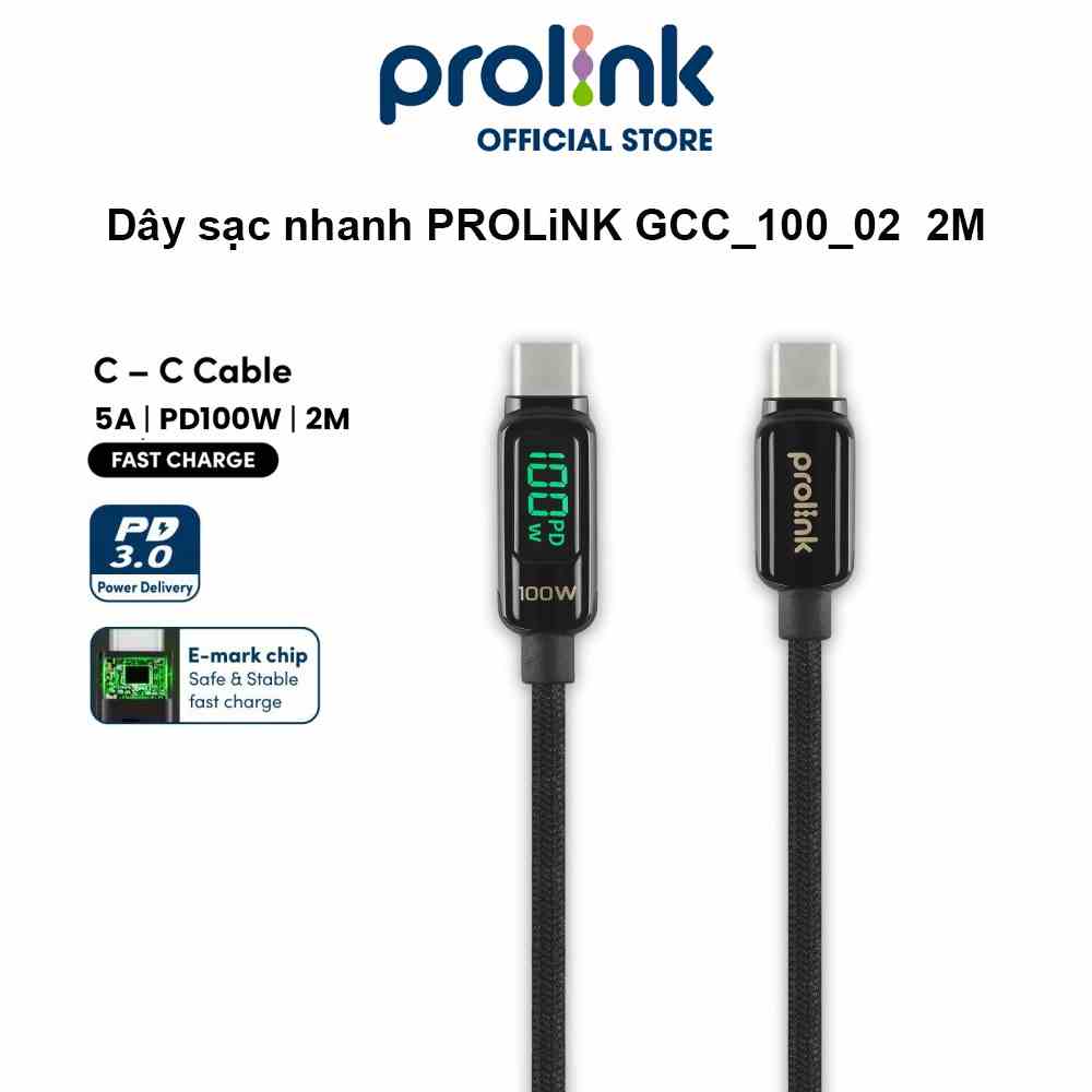 Dây sạc type C To C PROLiNK GCC_100_02 dài 2M, sạc siêu nhanh 100W, màn hình Led, dành cho Tablet, Macbook, Laptop