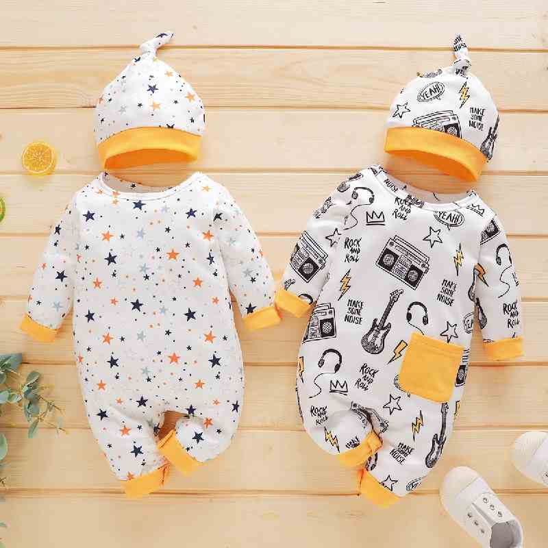 Áo liền quần MIKRDOO vải cotton tay dài in họa tiết ngôi sao kèm nón dễ thương cho bé trai