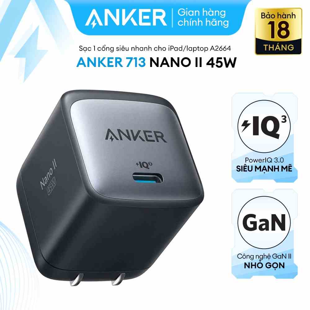 Sạc ANKER 713 Nano II 45W 1 cổng USB-C PiQ 3.0 tương thích PD - A2664