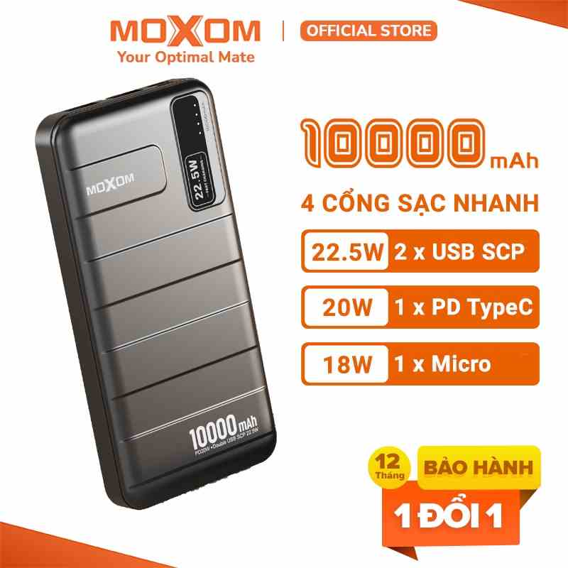 [Mã BMLT35 giảm đến 35K] Pin sạc dự phòng 10000mAh MOXOM PD 20W, QC 22.5W, 2 Output USB, 1 Output Type-C, 1 Input Micro