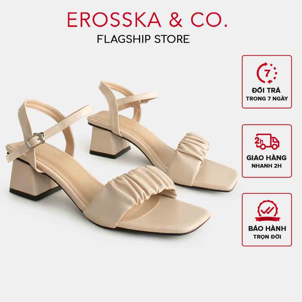 Erosska - Giày sandal cao gót nữ mũi vuông quai nhún cao 4cm màu nude - EB051