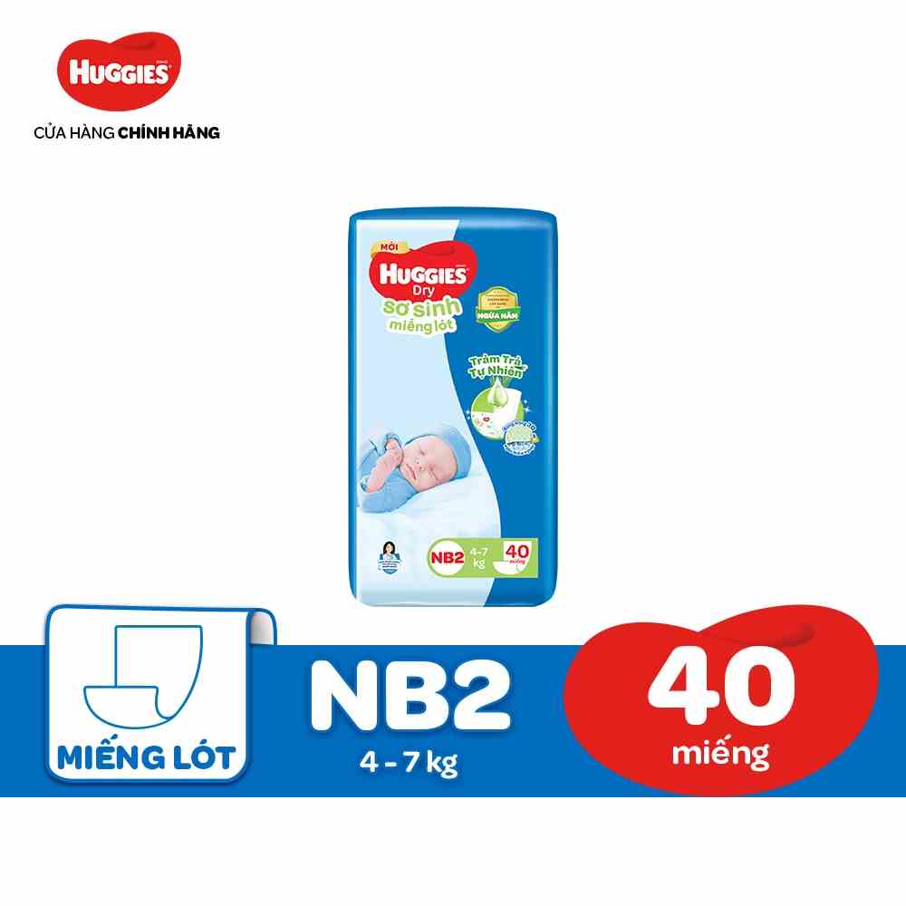 [HUGFEB15 -10% max 60k đơn 400k] Miếng lót sơ sinh NB2 Huggies Dry Tràm Trà Tự Nhiên 40 miếng:Chính Hãng