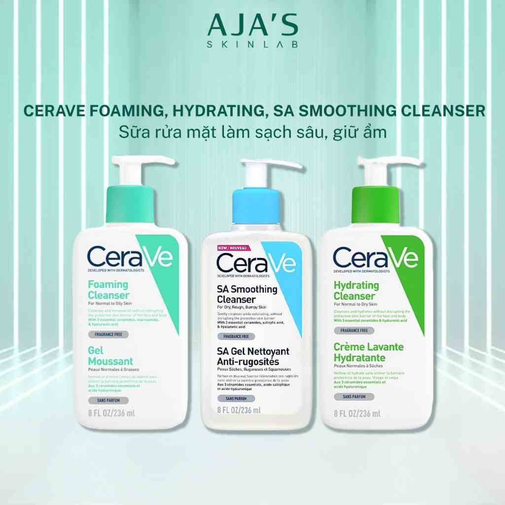 Sữa rửa mặt CeraVe Foaming, Hydrating, SA Smoothing Cleanser cho da dầu, khô, nhạy cảm 88ML/236ML/473ML - ajaskinlab