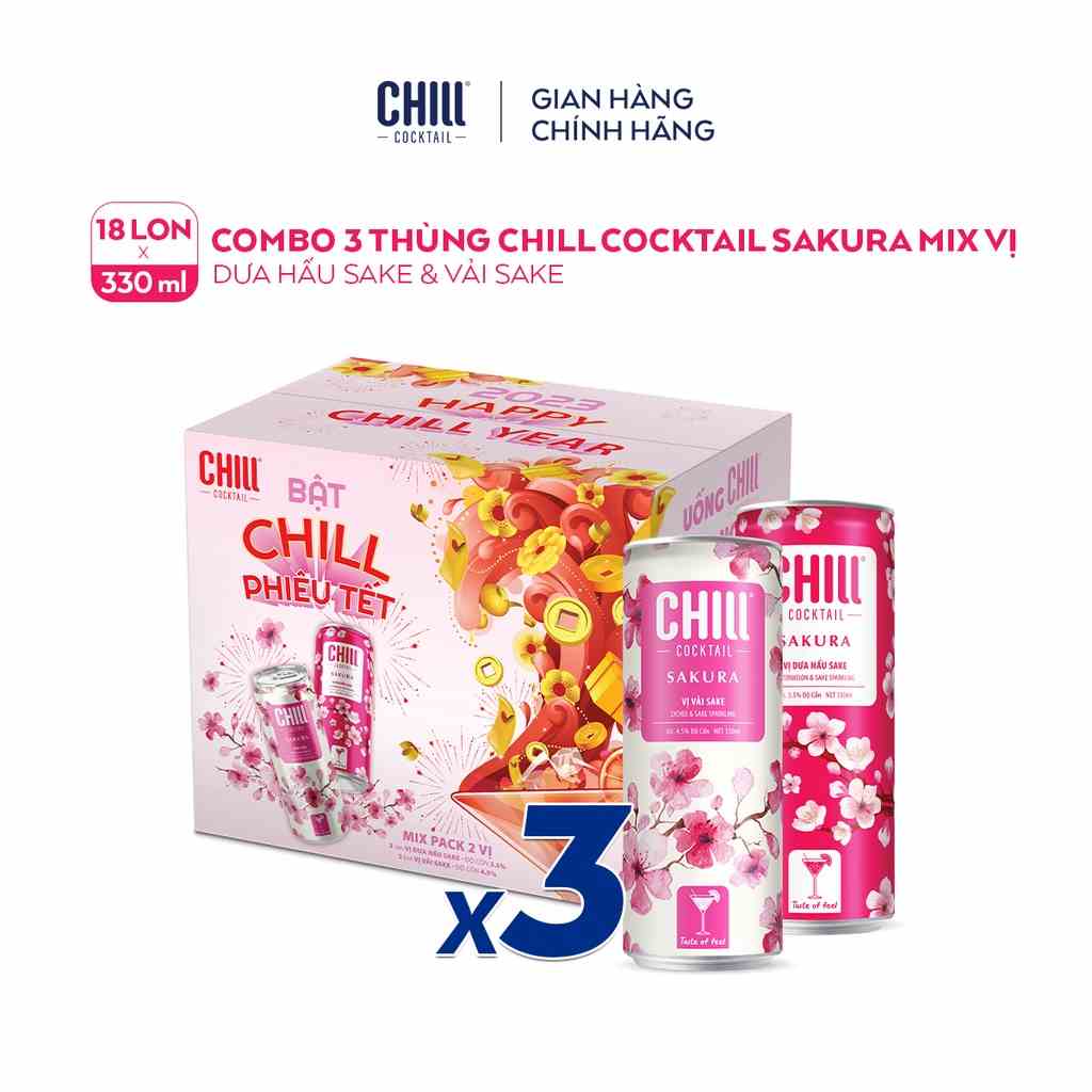 Combo 3 Thùng 6 lon Chill Cocktail Sakura mix vị Vải Sake & Dưa Hấu Sake (18 lon x 330ml/lon)