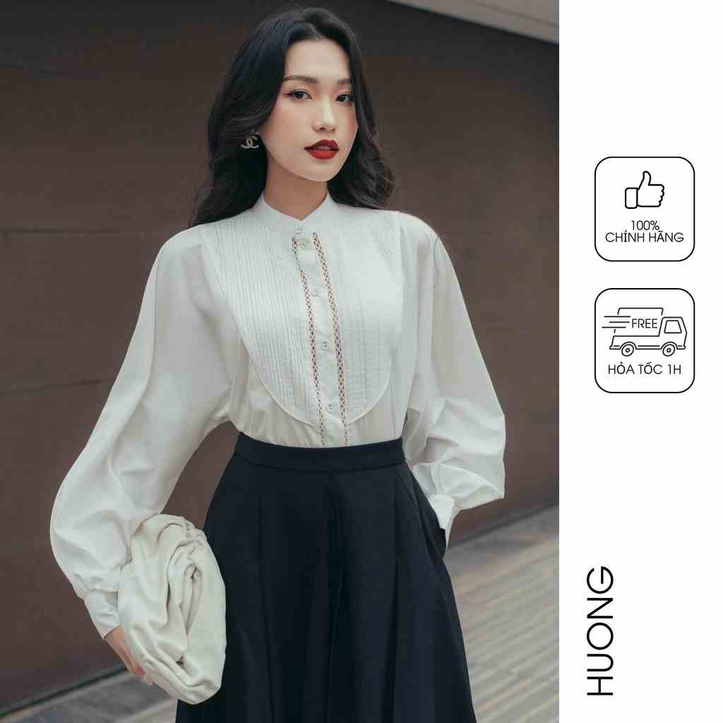 Áo sơ mi cotton lụa tay liền mí gân cầu ngực HUONG BOUTIQUE HBSM1027