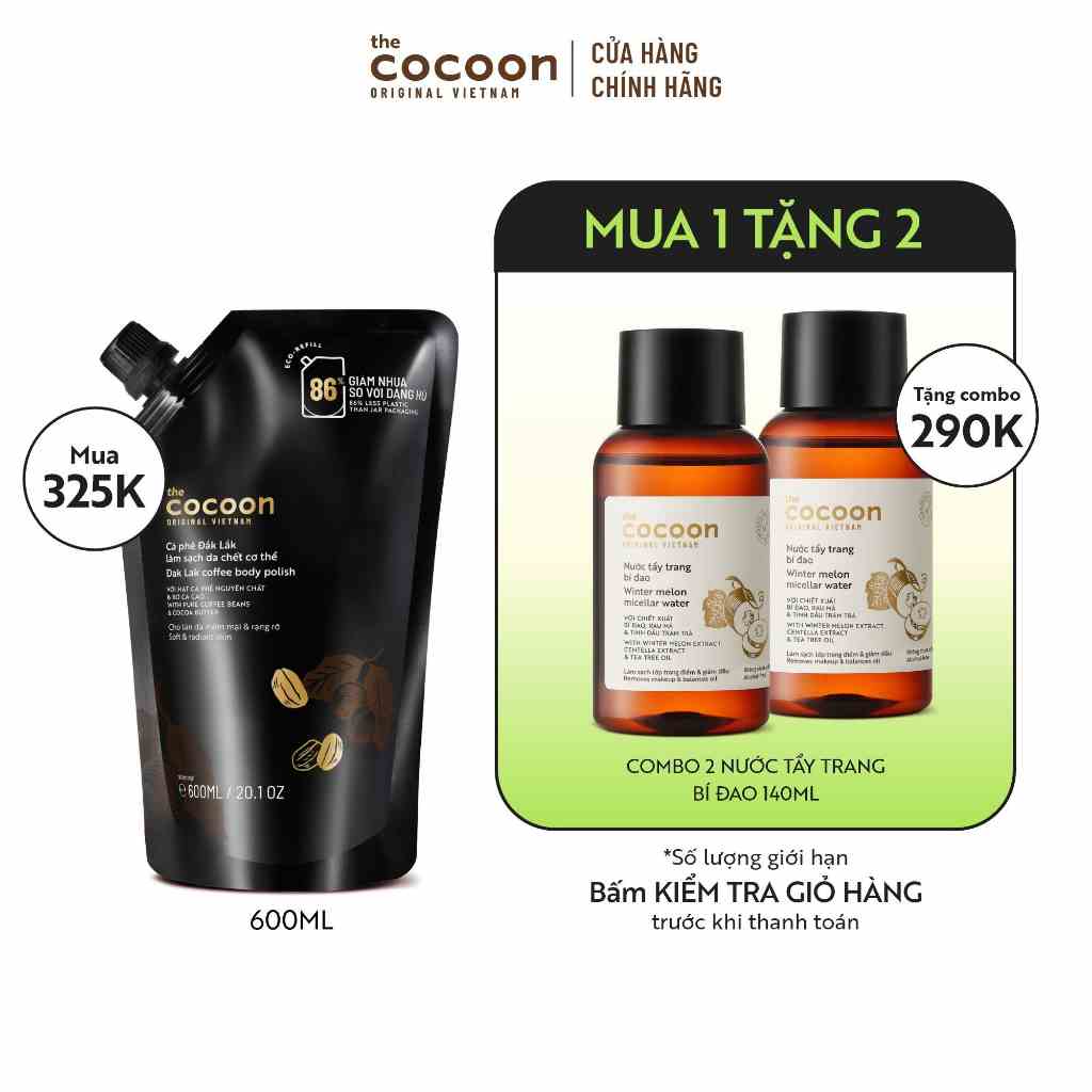 [COMBO MUA 1 TẶNG 2 ÁP DỤNG 01/07-31/07] Cà phê Đắk Lắk làm sạch da chết cơ thể 600ml TẶNG 2 tẩy trang bí đao 140ml