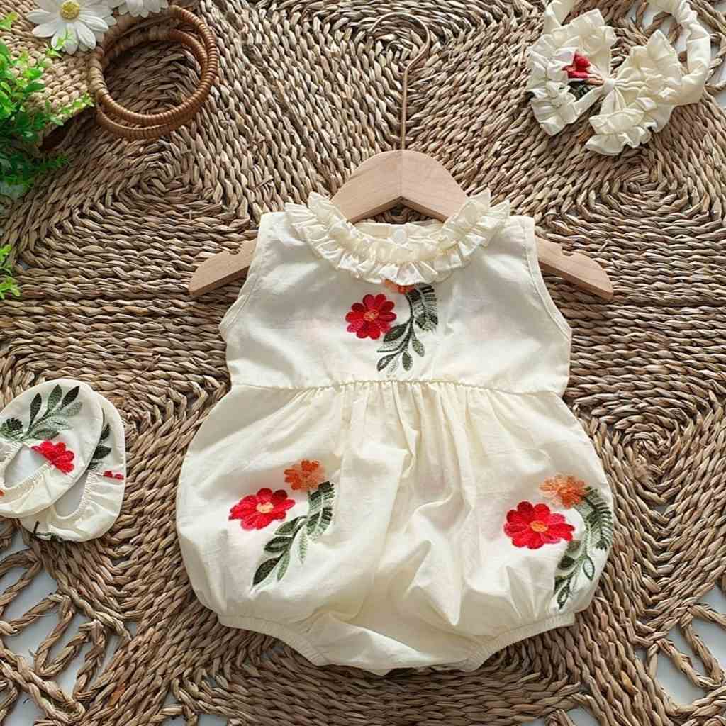 Set bodysuit bé gái sơ sinh kèm turban và tất MINTSCLOSET Mints Closet cổ bèo thêu hoa 1 2 tuổi - BS6110