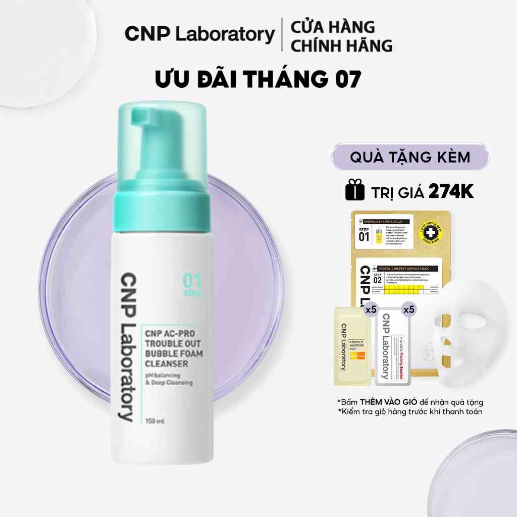 Sữa rửa mặt tạo bọt cho da mụn nhạy cảm làm sạch sâu bã nhờn CNP AC Pro Bubble Foam Cleanser 150ML