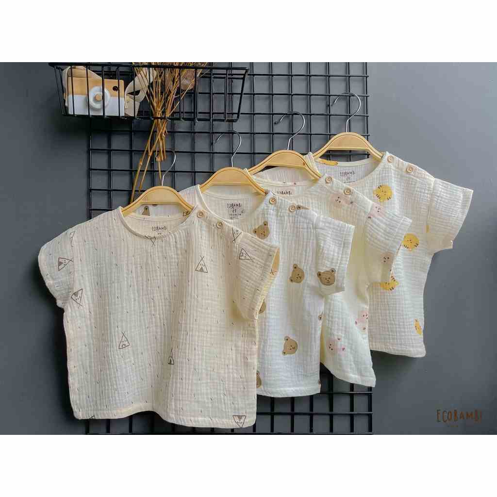 Áo UNISEX cotton Muslin tay ngắn phong cách Hàn Quốc năng động in hoạ tiết cho bé - Ecobambi