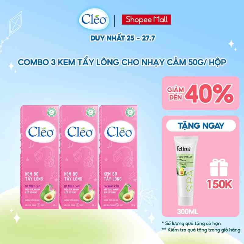 Combo 3 hộp Kem Tẩy Lông Cho Da Nhạy Cảm Cléo Avocado Hair Removal Cream Sensitive Skin 25g/ hộp