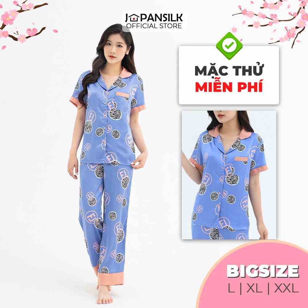 Bộ đồ ngủ Bigsize Pijama lụa Nhật cao cấp JAPANSILK, ngắn tay quần dài họa tiết chữ FL viền màu cam CD072