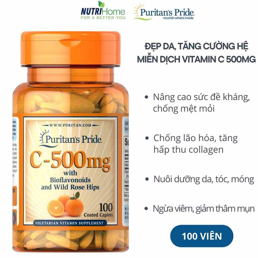 Viên uống đẹp da, tăng cường miễn dịch Vitamin C 500mg Puritan’s Pride ngừa viêm, giảm thâm mụn (Nutri Home)(100 viên)