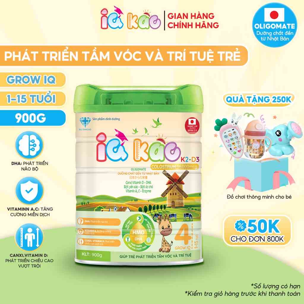 Sữa bột IQ KAO GROW IQ phát triển chiều cao và trí thông minh cho trẻ phát triển toàn diện hộp 900g