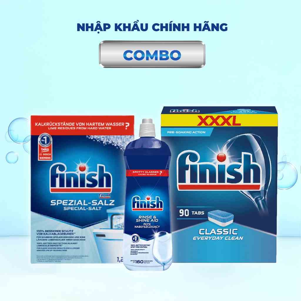 Combo chất tẩy rửa Finish :Finish Classic 90 viên + Muối Finish 1,2kg+ Nước làm bóng 800ml