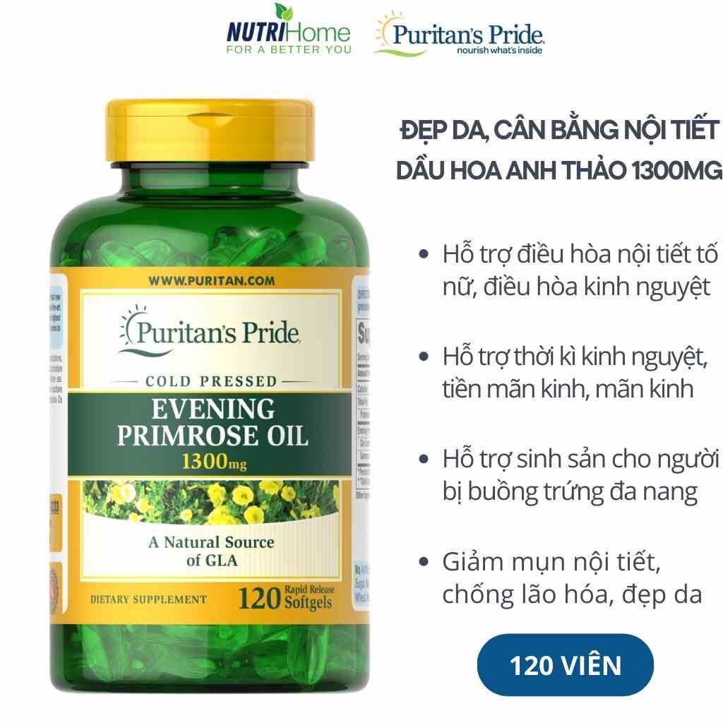 Viên uống dầu anh thảo Evening Primrose Oil 1300mg Puritan’s Pride điều hòa nội tiết nữ, đẹp da (Nutri Home)(120 viên)