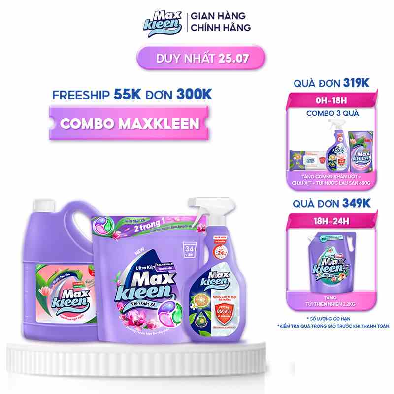 Combo MaxKleen: Túi Lau Sàn 3.6kg Ngàn Hoa Ngọt Ngào + Túi Viên Giặt Xả Mới + Khăn Ướt Lau Bề Mặt Đa Năng