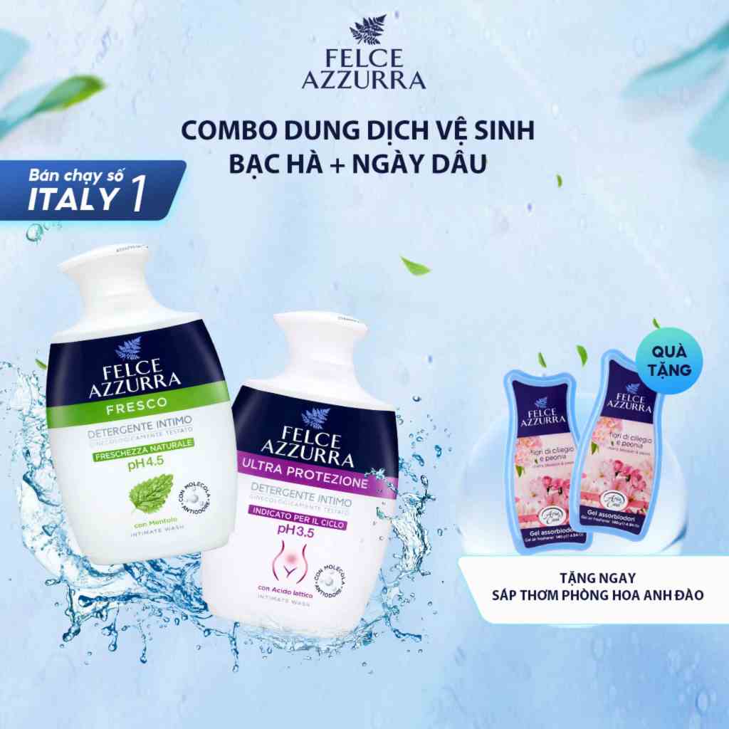 Combo Dung Dịch Vệ Sinh Phụ Nữ Ngày Thường+ Ngày Dâu FELCE AZZURRA Hương Nước Hoa, Xuất Xứ Ý Giúp Cân Bằng Độ pH 250ml