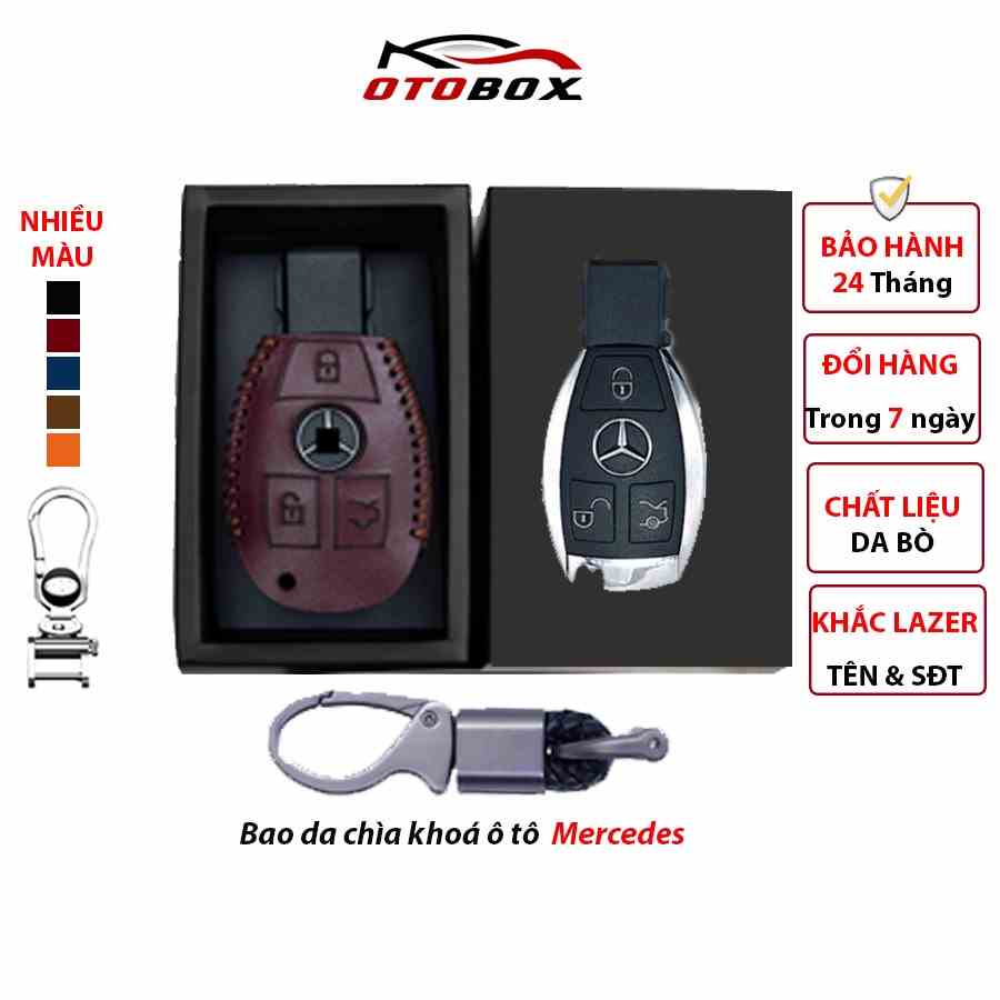 Bao da chìa khóa smartkey ô tô xe hơi Mercedes GLC chính hãng OTOBOX, da bò thật, khắc tên chủ xe, bảo hành 2 năm