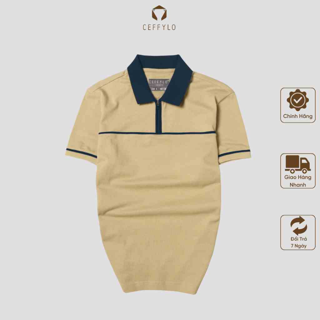 Áo Polo Phối Có Khóa, Màu Camel, Chất Liệu Cotton Thoáng Khí, Form Slimfit - CEFFYLO