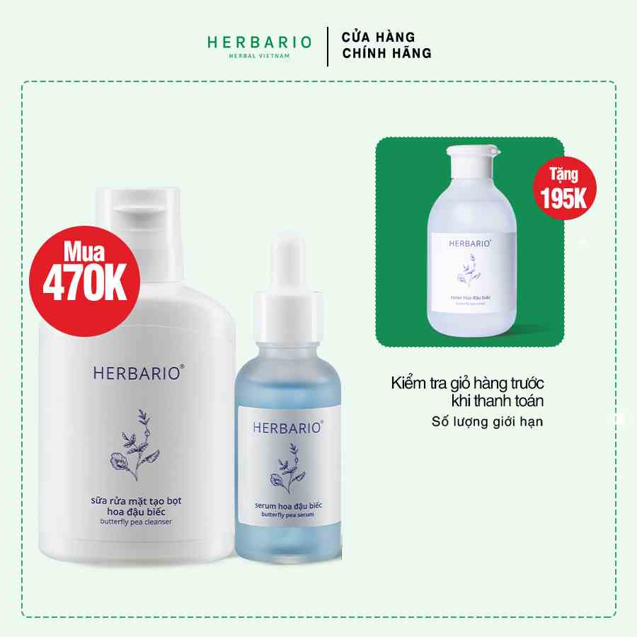 Bộ 3 cấp ẩm, ngăn ngừa lão hóa da Hoa Đậu Biếc Herbario: Sữa rửa mặt 100ml + Toner 200ml + Serum 30ml