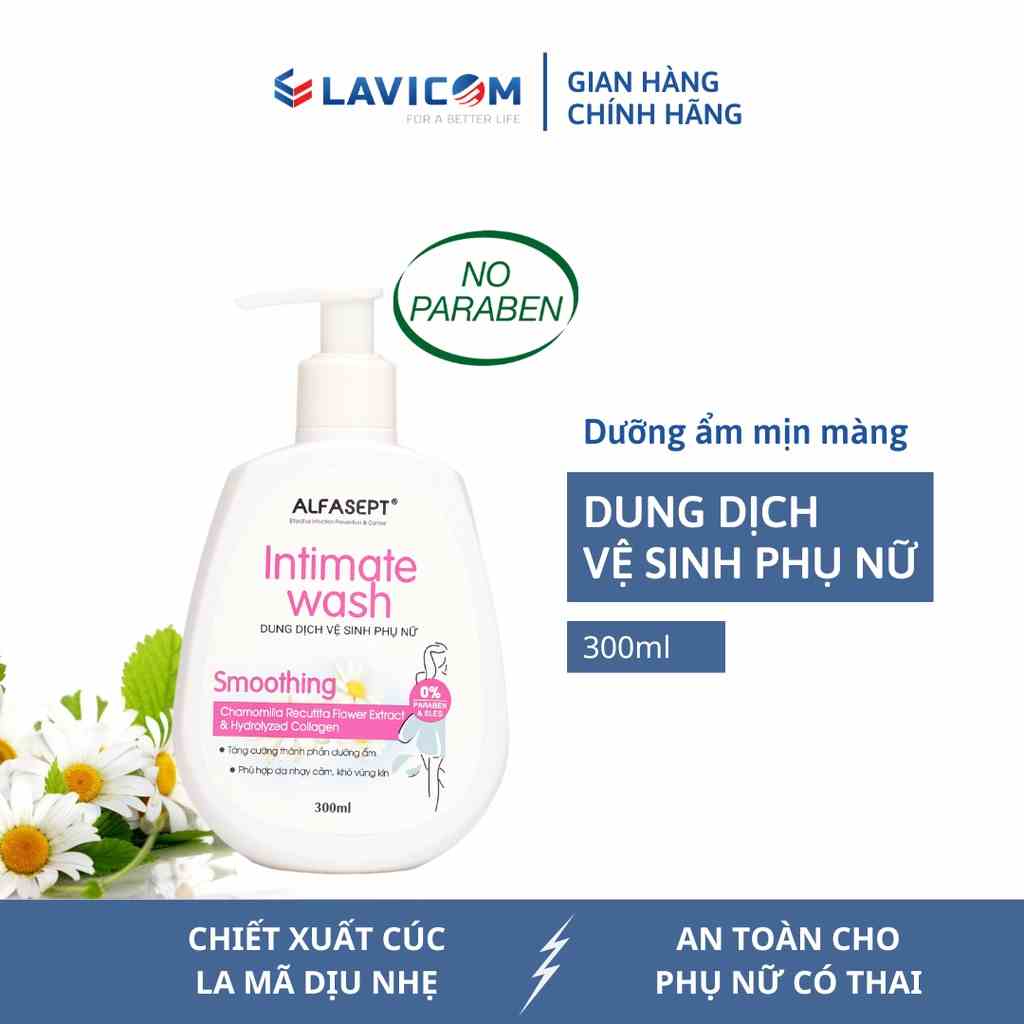 Dung dịch vệ sinh phụ nữ giảm nấm, dưỡng ẩm ALFASEPT INTIMATE WASH SMOOTHING 300ml - Chiết xuất cúc la mã