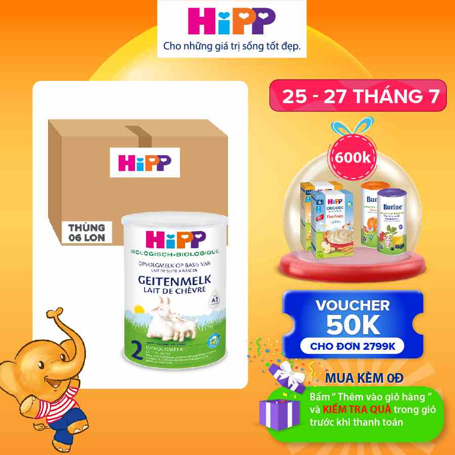 Thùng 6 lon sữa dê HiPP 2 Organic 400g - Nhập khẩu Đức, giúp bé phát triển chiều cao, trí não, tăng cường hấp thu