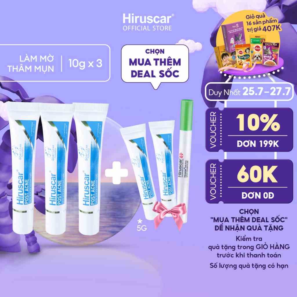 Bộ 3 Gel làm mờ sẹo mụn và thâm mụn Hiruscar Post Acne 10g