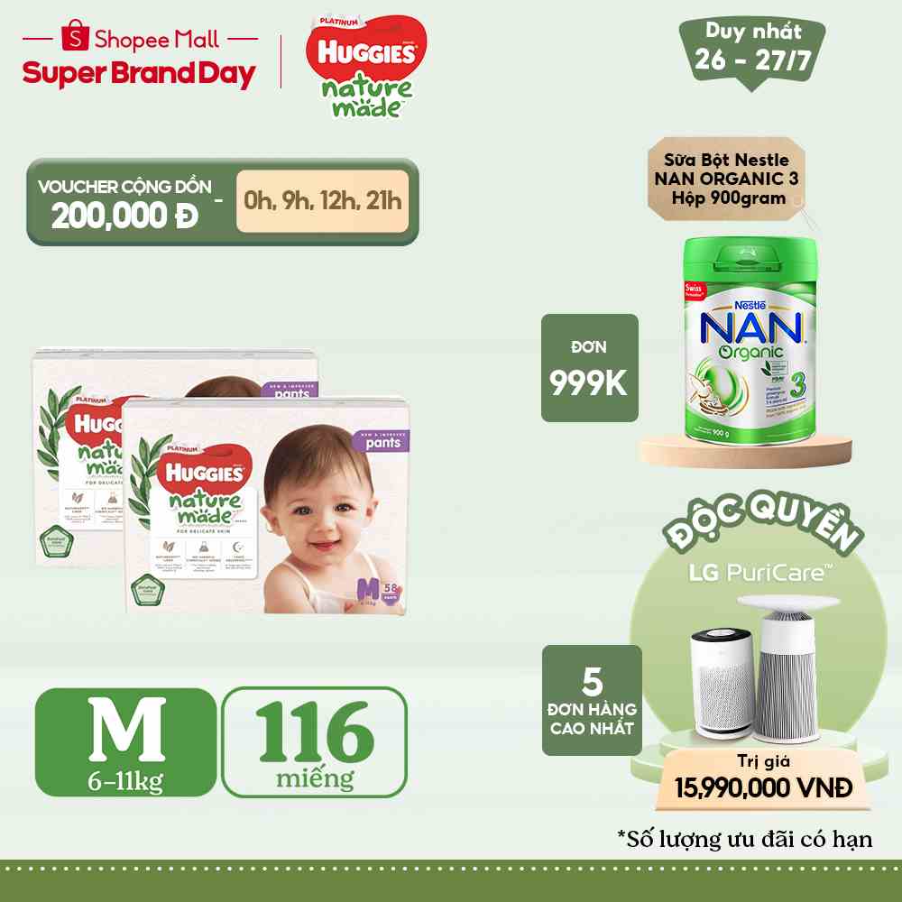 [HUGFEB15 -10% max 60k đơn 400k] Combo 2 Tã Quần Huggies Platinum Nature Made M58