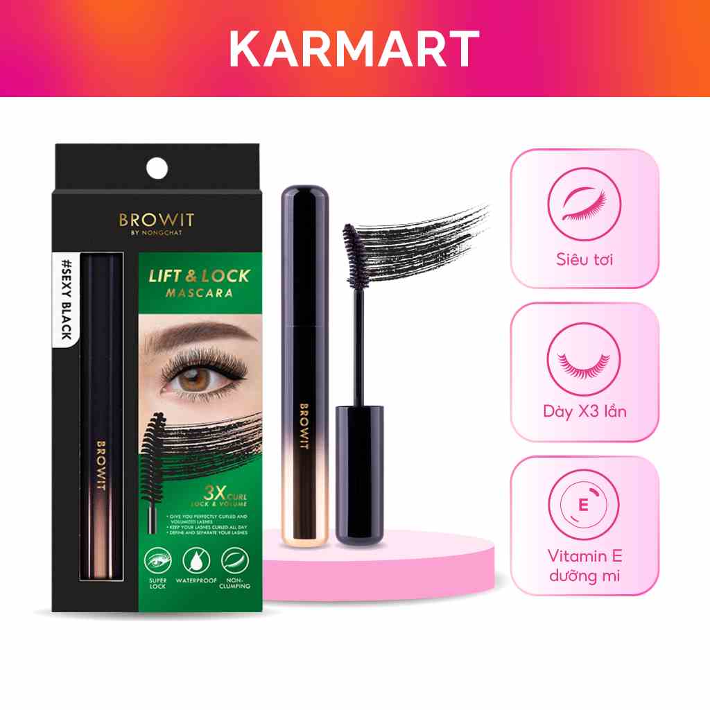 Mascara BROWIT Lift & Lock Mascara #Sexy Black, Chuốt Mi Siêu Tơi, Dày Gấp 3 Lần