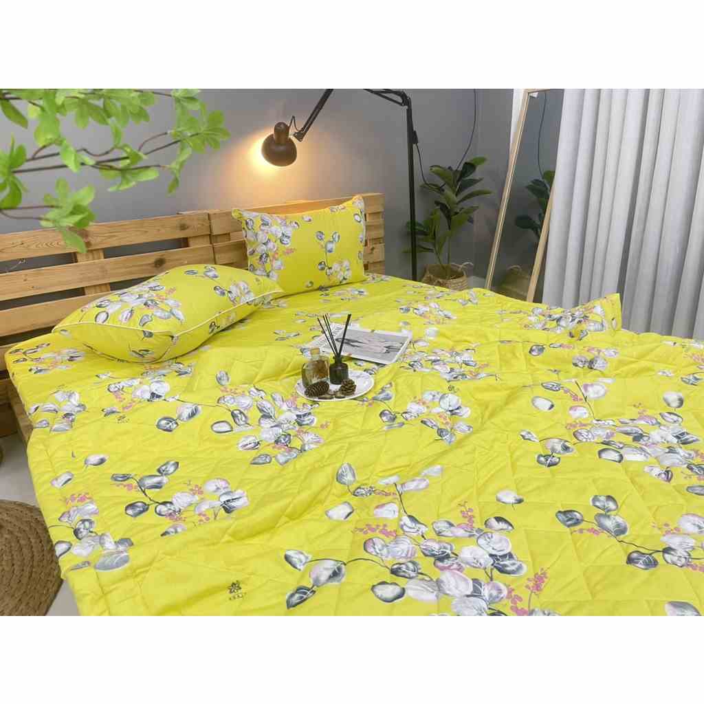 [Mã BMLTA35 giảm đến 35K đơn 99K] Bộ drap gối KHA LY - cotton thiên nhiên - Lá Tròn-Vàng - VN314