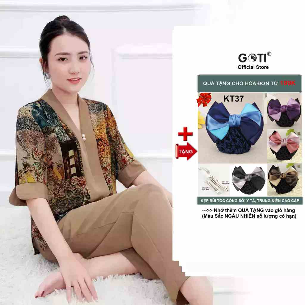 Đồ Bộ Trung Niên GOTI Mặc Nhà Nữ Sang Trọng Chất Gấm Cao Cấp Cổ Chui Tay Lững Có Túi Pijama Lụa Cho Mẹ 3359 3360