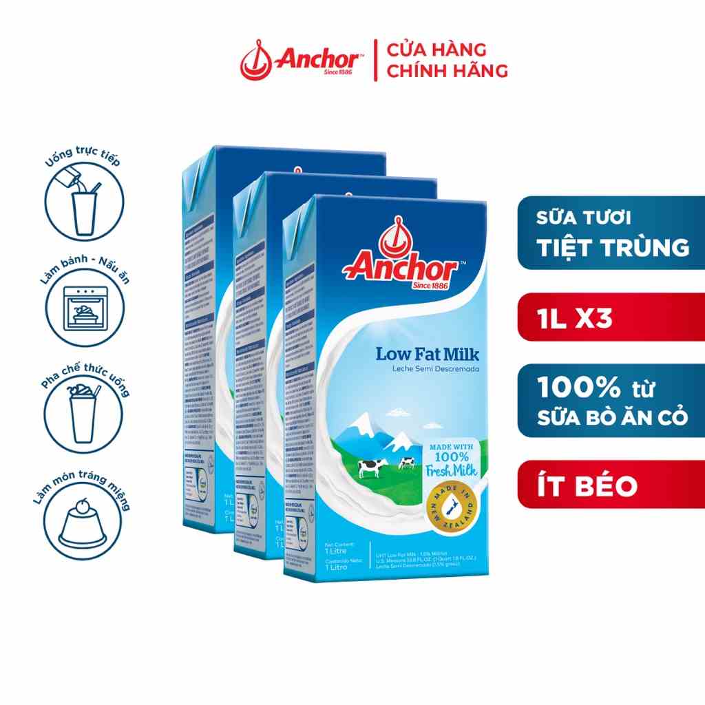 Combo 3 hộp Sữa tươi tiệt trùng ít béo Anchor hộp 1 lít