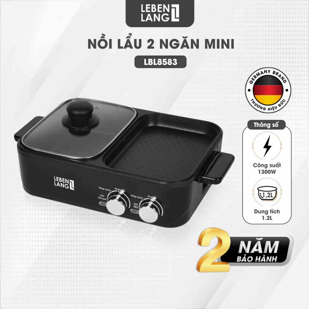 Nồi lẩu điện 2 ngăn mini Lebenlang LBL8583,bếp lẩu nướng 2in1 công suất 1300W, 1200ml nhanh gọn tiện lợi-hàng chính hãng