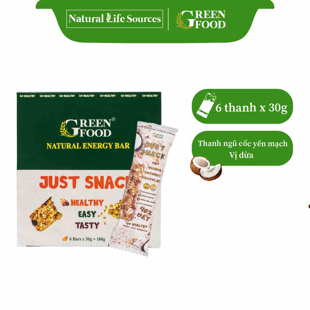 Hộp 6 Thanh Ngũ Cốc Yến Mạch Chile JUST SNACK Green Food Vị Dừa (6x30g/thanh)