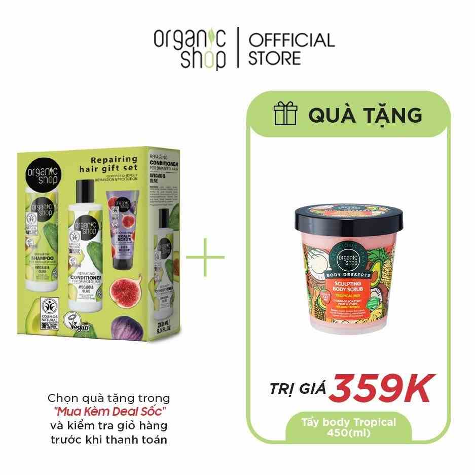 Combo PHỤC HỒI TÓC HƯ TỔN ORGANIC SHOP Dầu Gội Xả Bơ Hữu Cơ và Dầu Olive 280mlx2 Và Tẩy tế bào chết Da đầu 75ml