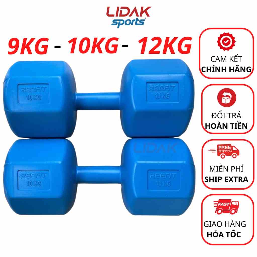 Tạ tay bát giác 9kg 10kg 12kg bọc nhựa ruột tạ có lõi thép chống gãy - LIDAK SPORT